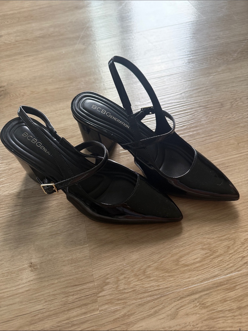 BCBGeneration Black Patent Pointed Slingback Heels